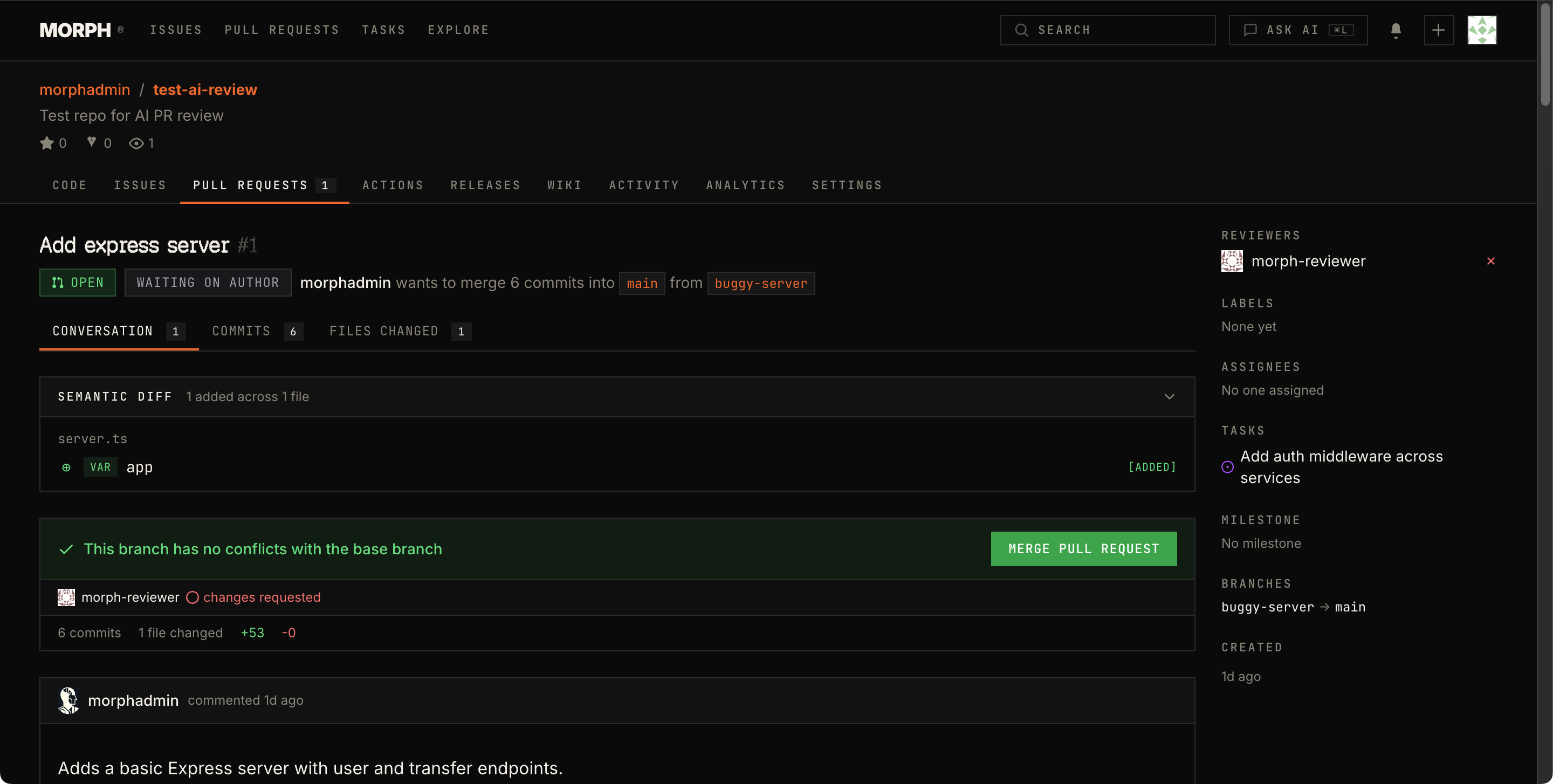 Pull request with AI reviewer requesting changes and semantic diff