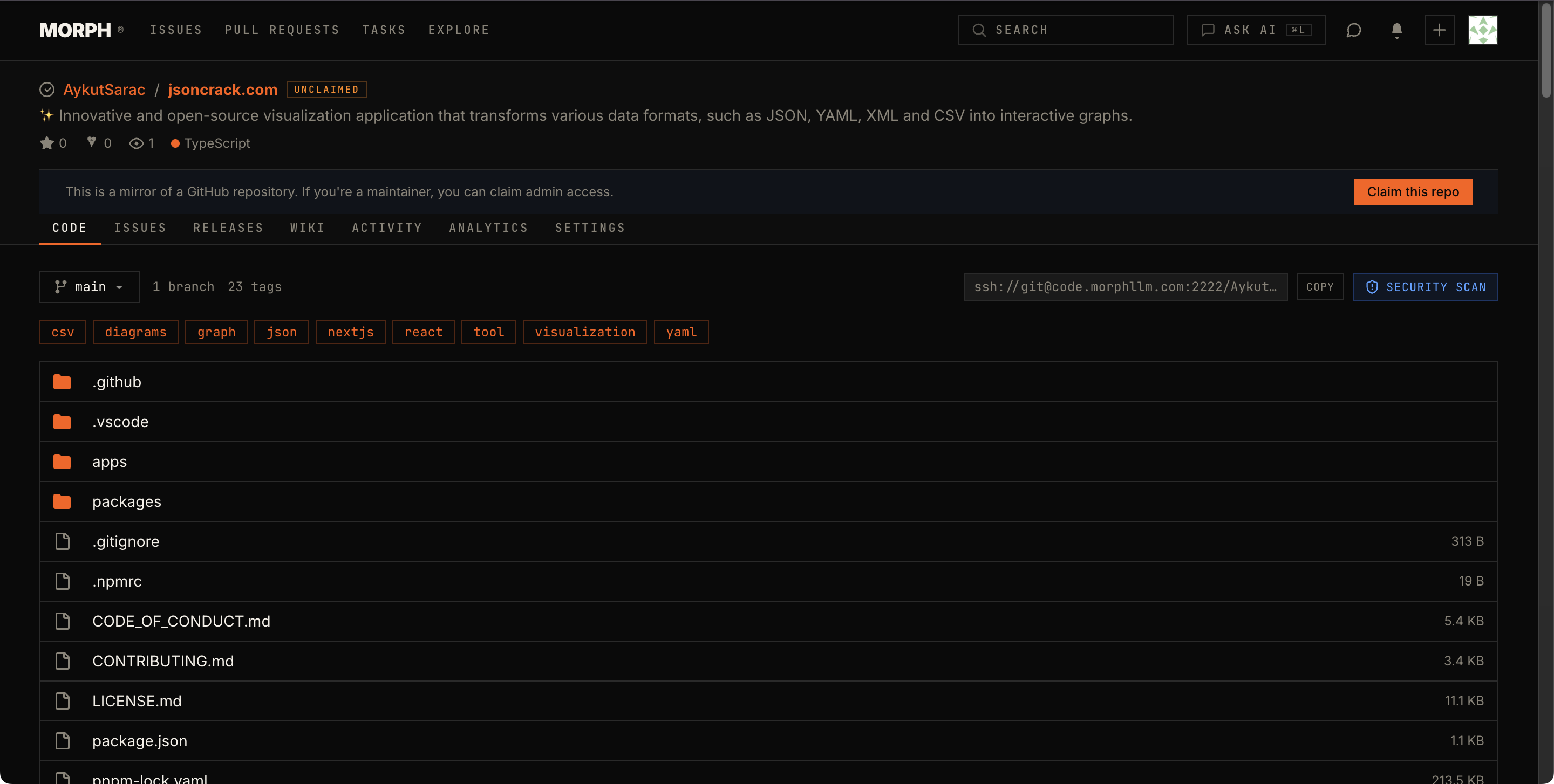 Repository page showing file browser, tags, and code navigation